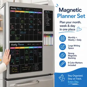 3-Pack Magnetic Refrigerator Calendar - Office Stationery Supplies, Monthly & Weekly Dry Erase Fridge Whiteboard with 8 Markers, 1 Eraser, 1 Shopping List (Black-White) for Home Office To-Do Planning